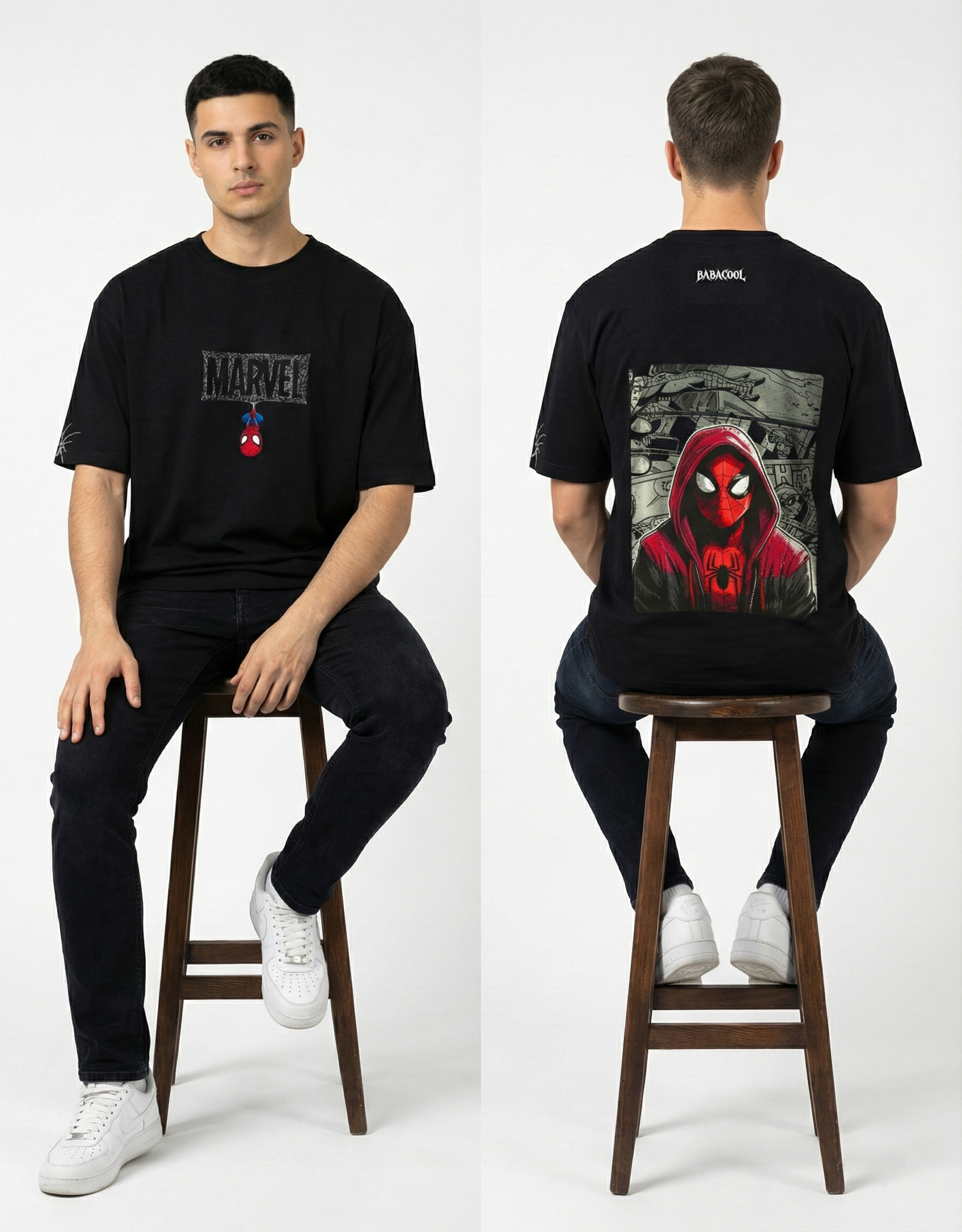 Men's Black Marvel Spider-Man Graphic Oversized Tees