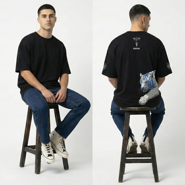 Men's Black - Blue Tiger Graphic Oversized Tees
